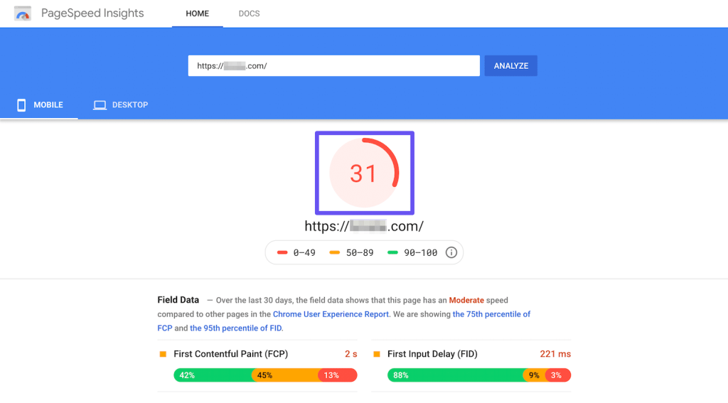 Resultado bajo en PageSpeed Insights